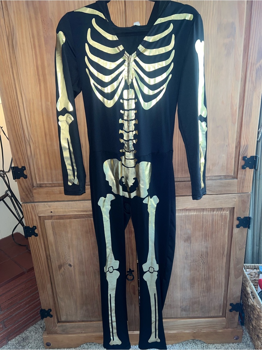 Party City Womens Black Metallic Gold Skeleton Hooded Jumpsuit Halloween Costume